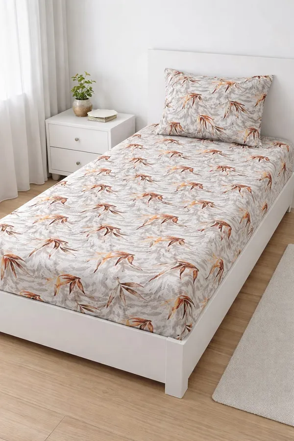 100%_Cotton_Printed_Bedsheet_(5x7_Ft.)_with_1_Pillow_Cover_|_Soft_&_Breathable_Single_Size_Bed_Sheet_|_Brown_&_Beige_Leaf_Design_on_Light_Grey_Base