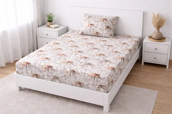 100%_Cotton_Printed_Bedsheet_(5x7_Ft.)_with_1_Pillow_Cover_|_Soft_&_Breathable_Single_Size_Bed_Sheet_|_Brown_&_Beige_Leaf_Design_on_Light_Grey_Base
