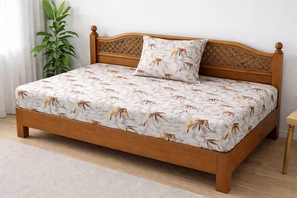 100%_Cotton_Printed_Bedsheet_(5x7_Ft.)_with_1_Pillow_Cover_|_Soft_&_Breathable_Single_Size_Bed_Sheet_|_Brown_&_Beige_Leaf_Design_on_Light_Grey_Base