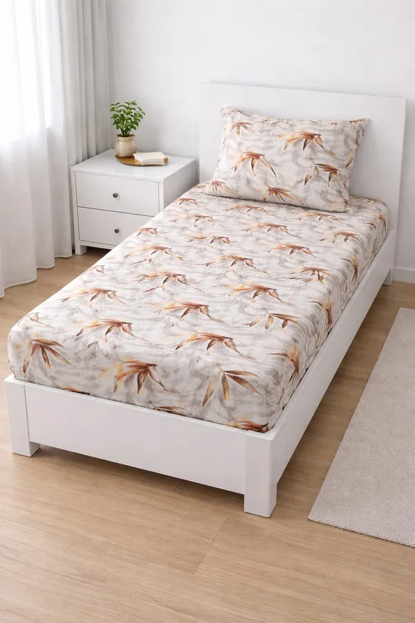 100%_Cotton_Printed_Bedsheet_(5x7_Ft.)_with_1_Pillow_Cover_|_Soft_&_Breathable_Single_Size_Bed_Sheet_|_Brown_&_Beige_Leaf_Design_on_Light_Grey_Base
