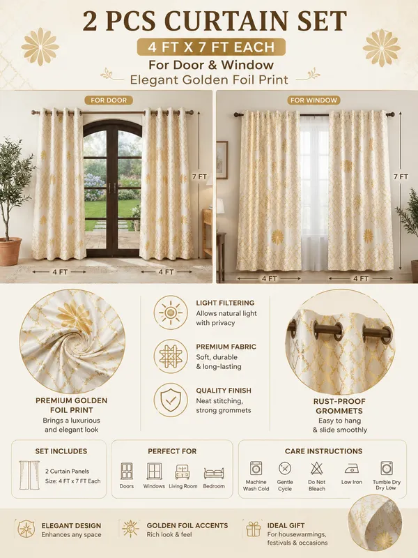 2_PCS_Golden_Foil_Print_Curtains_for_Door_&_Window_|_4_x_7_Ft_Each_|_Premium_Decorative_Curtain_Set_with_2_Free_Tiebacks_|_Eyelet/Grommet_Top_|_Living_Room,_Bedroom_&_Home_Décor