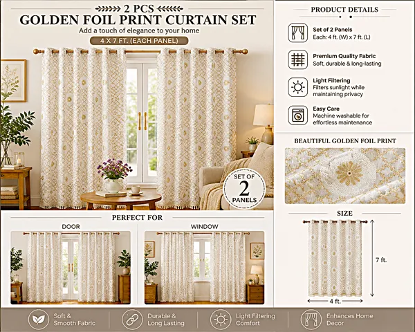 2_PCS_Golden_Foil_Print_Curtains_for_Door_&_Window_|_4_x_7_Ft_Each_|_Premium_Decorative_Curtain_Set_with_2_Free_Tiebacks_|_Eyelet/Grommet_Top_|_Living_Room,_Bedroom_&_Home_Décor