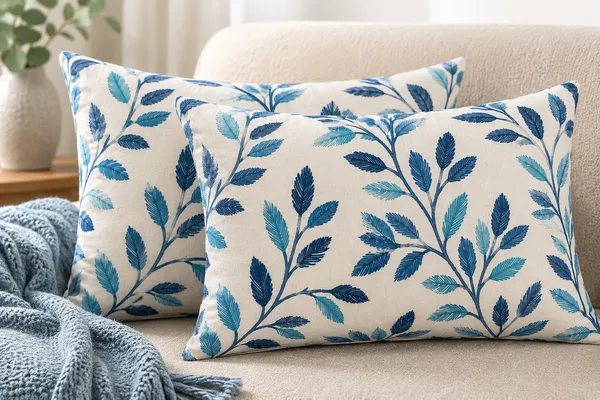 2_Pc_Cushion_Cover_/_Pillow_Cover_16x24_Inch_|_Heavy_Knitting_Fabric_Blue_Leaf_Print_|_Reversible_Design_|_Hidden_Zip_Closure_|_Decorative_Covers_for_Sofa,_Bed_&_Living_Room