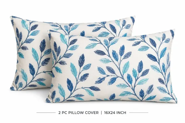2_Pc_Cushion_Cover_/_Pillow_Cover_16x24_Inch_|_Heavy_Knitting_Fabric_Blue_Leaf_Print_|_Reversible_Design_|_Hidden_Zip_Closure_|_Decorative_Covers_for_Sofa,_Bed_&_Living_Room