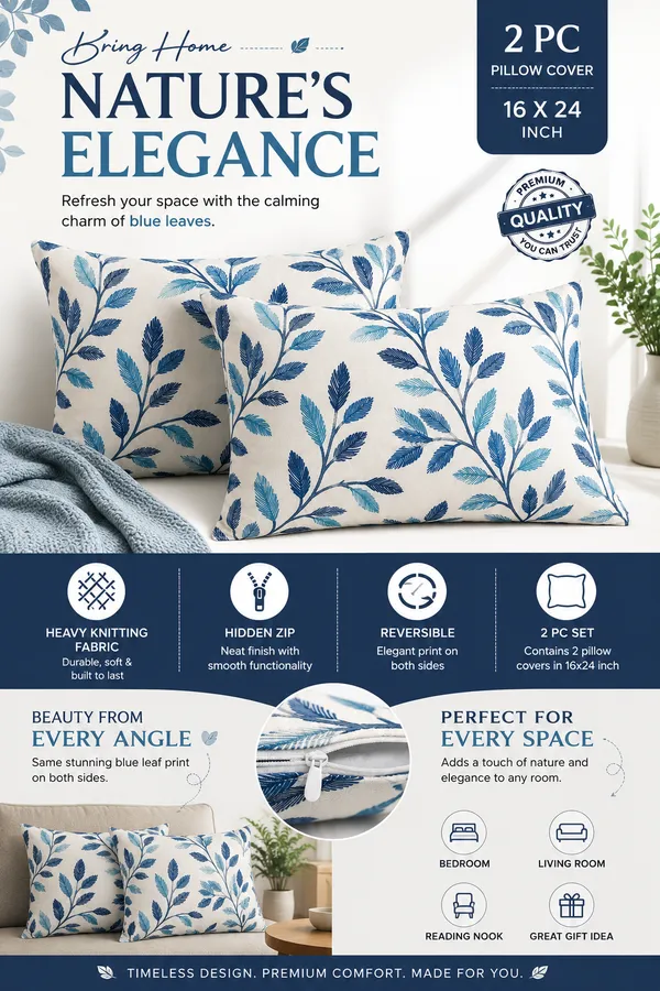 2_Pc_Cushion_Cover_/_Pillow_Cover_16x24_Inch_|_Heavy_Knitting_Fabric_Blue_Leaf_Print_|_Reversible_Design_|_Hidden_Zip_Closure_|_Decorative_Covers_for_Sofa,_Bed_&_Living_Room