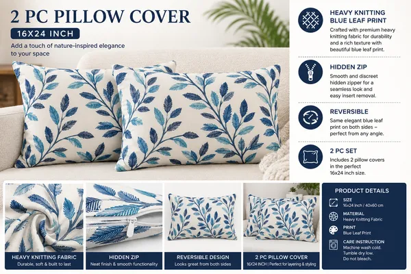 2_Pc_Cushion_Cover_/_Pillow_Cover_16x24_Inch_|_Heavy_Knitting_Fabric_Blue_Leaf_Print_|_Reversible_Design_|_Hidden_Zip_Closure_|_Decorative_Covers_for_Sofa,_Bed_&_Living_Room