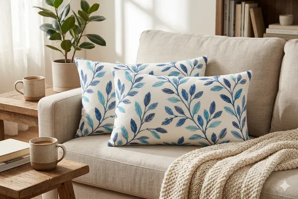 2_Pc_Cushion_Cover_/_Pillow_Cover_16x24_Inch_|_Heavy_Knitting_Fabric_Blue_Leaf_Print_|_Reversible_Design_|_Hidden_Zip_Closure_|_Decorative_Covers_for_Sofa,_Bed_&_Living_Room