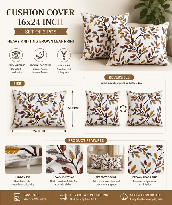 2_Pc_Cushion_Cover_/_Pillow_Cover_16x24_Inch_|_Heavy_Knitting_Fabric_Brown_Leaf_Print_|_Reversible_Design_|_Hidden_Zip_Closure_|_Decorative_Covers_for_Sofa,_Bed_&_Living_Room