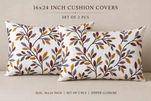 2_Pc_Cushion_Cover_/_Pillow_Cover_16x24_Inch_|_Heavy_Knitting_Fabric_Brown_Leaf_Print_|_Reversible_Design_|_Hidden_Zip_Closure_|_Decorative_Covers_for_Sofa,_Bed_&_Living_Room