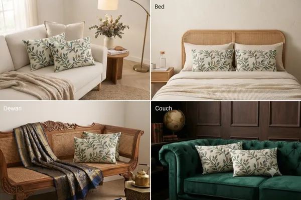 2_Pc_Cushion_Cover_/_Pillow_Cover_16x24_Inch_|_Heavy_Knitting_Fabric_Green_Leaf_Print_|_Reversible_Design_|_Hidden_Zipper_Closure_|_Decorative_Covers_for_Sofa,_Bed_&_Living_Room