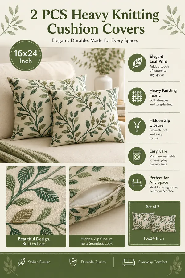 2_Pc_Cushion_Cover_/_Pillow_Cover_16x24_Inch_|_Heavy_Knitting_Fabric_Green_Leaf_Print_|_Reversible_Design_|_Hidden_Zipper_Closure_|_Decorative_Covers_for_Sofa,_Bed_&_Living_Room