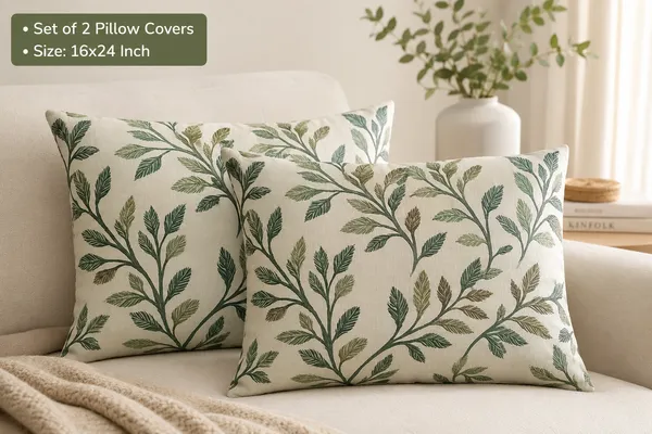 2_Pc_Cushion_Cover_/_Pillow_Cover_16x24_Inch_|_Heavy_Knitting_Fabric_Green_Leaf_Print_|_Reversible_Design_|_Hidden_Zipper_Closure_|_Decorative_Covers_for_Sofa,_Bed_&_Living_Room