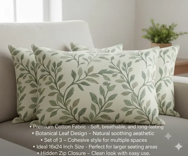 2_Pc_Cushion_Cover_/_Pillow_Cover_16x24_Inch_|_Heavy_Knitting_Fabric_Green_Leaf_Print_|_Reversible_Design_|_Hidden_Zipper_Closure_|_Decorative_Covers_for_Sofa,_Bed_&_Living_Room