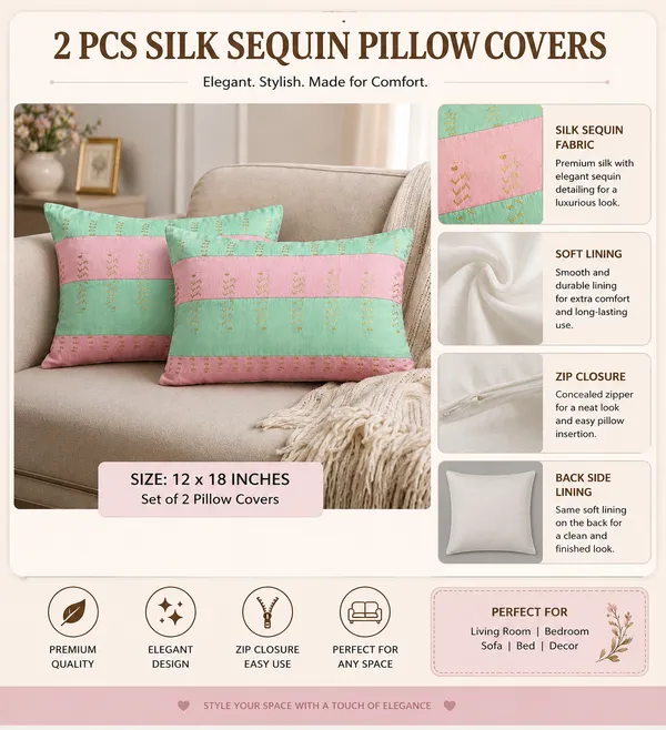 2_Pcs_Silk_Sequin_Pillow_Covers_with_Back_Lining_&_Hidden_Zip_Closure_|_12_x_18_Inch_Decorative_Rectangular_Cushion_Cover_Set_|_Soft_Luxury_Throw_Pillow_Covers_for_Sofa,_Bed_&_Living_Room