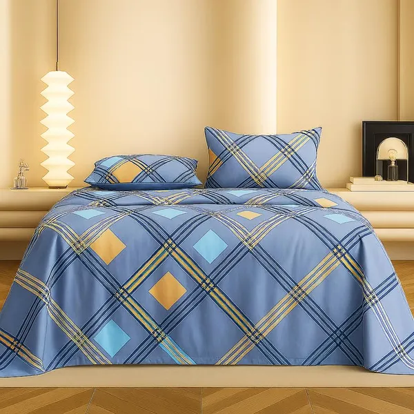 300_TC_Cotton_Microfiber_King_Size_Bedsheet_for_Double_Bed_(108_x_108_Inches)_with_2_Large_Pillow_Covers_|_Blue_&_Teal_Geometric_Check_Pattern_|_Soft,_Breathable_&_Durable_Bed_Sheet_Set