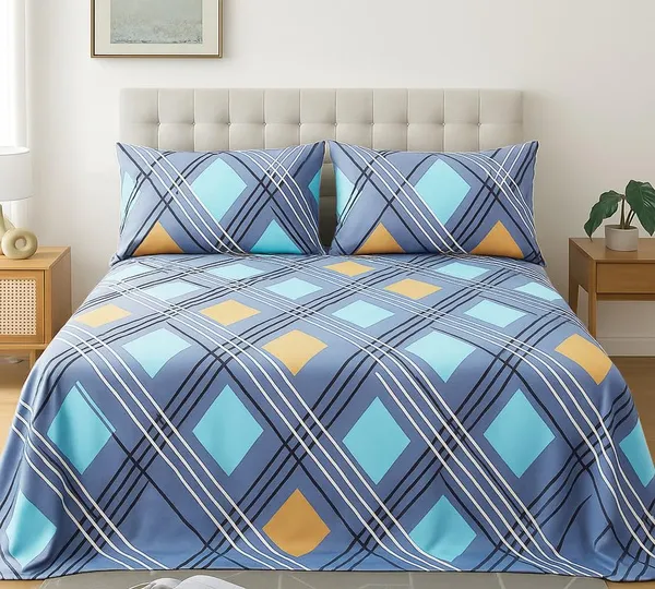 300_TC_Cotton_Microfiber_King_Size_Bedsheet_for_Double_Bed_(108_x_108_Inches)_with_2_Large_Pillow_Covers_|_Blue_&_Teal_Geometric_Check_Pattern_|_Soft,_Breathable_&_Durable_Bed_Sheet_Set