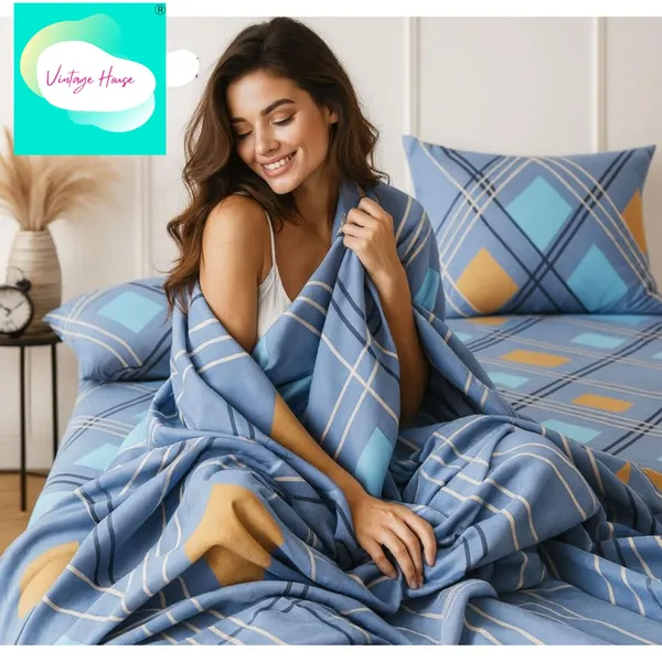 300_TC_Cotton_Microfiber_King_Size_Bedsheet_for_Double_Bed_(108_x_108_Inches)_with_2_Large_Pillow_Covers_|_Blue_&_Teal_Geometric_Check_Pattern_|_Soft,_Breathable_&_Durable_Bed_Sheet_Set
