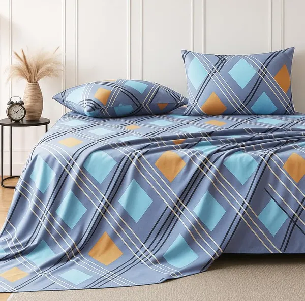 300_TC_Cotton_Microfiber_King_Size_Bedsheet_for_Double_Bed_(108_x_108_Inches)_with_2_Large_Pillow_Covers_|_Blue_&_Teal_Geometric_Check_Pattern_|_Soft,_Breathable_&_Durable_Bed_Sheet_Set