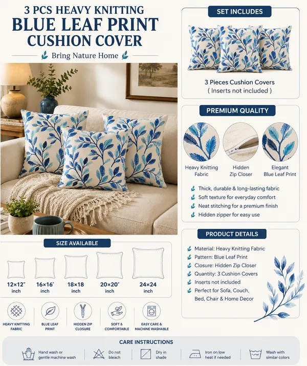 3_Pcs_Heavy_Knitting_Blue_Leaf_Print_Cushion_Cover_|_Decorative_Sofa_Cushion_Covers_with_Hidden_Zip_Closure_|_Soft_&_Durable_Cushion_Cover_Set_for_Living_Room,_Bedroom_&_Office_(Cushion_Covers_Only)