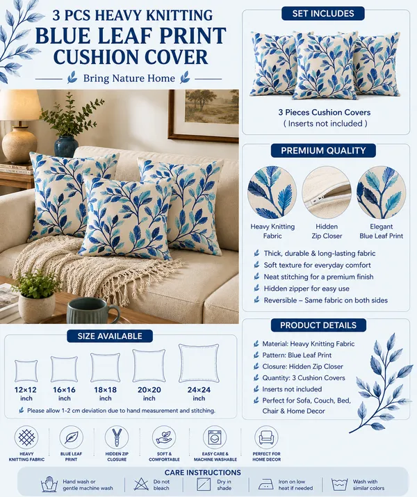 3_Pcs_Heavy_Knitting_Blue_Leaf_Print_Cushion_Cover_|_Decorative_Sofa_Cushion_Covers_with_Hidden_Zip_Closure_|_Soft_&_Durable_Cushion_Cover_Set_for_Living_Room,_Bedroom_&_Office_(Cushion_Covers_Only)