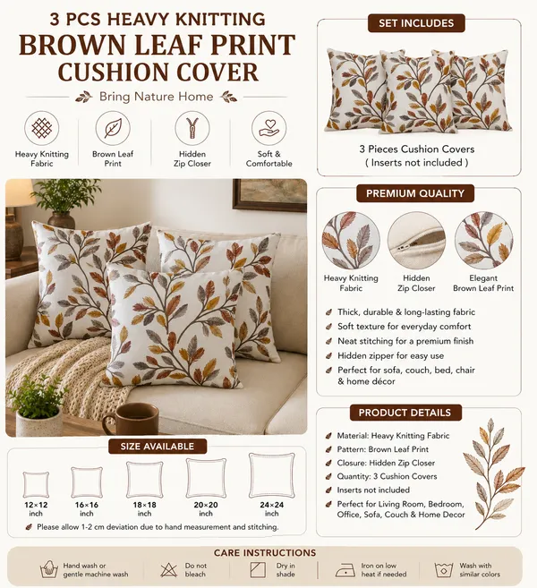 3_Pcs_Heavy_Knitting_Brown_Leaf_Print_Cushion_Cover_|_Decorative_Sofa_Cushion_Covers_with_Hidden_Zip_Closure_|_Soft_&_Durable_Cushion_Cover_Set_for_Living_Room,_Bedroom_&_Office_(Cushion_Covers_Only)