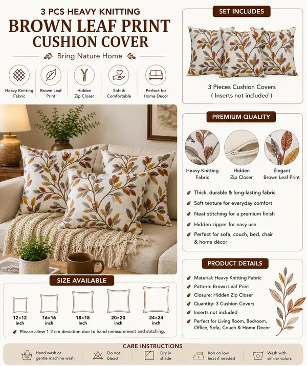 3_Pcs_Heavy_Knitting_Brown_Leaf_Print_Cushion_Cover_|_Decorative_Sofa_Cushion_Covers_with_Hidden_Zip_Closure_|_Soft_&_Durable_Cushion_Cover_Set_for_Living_Room,_Bedroom_&_Office_(Cushion_Covers_Only)