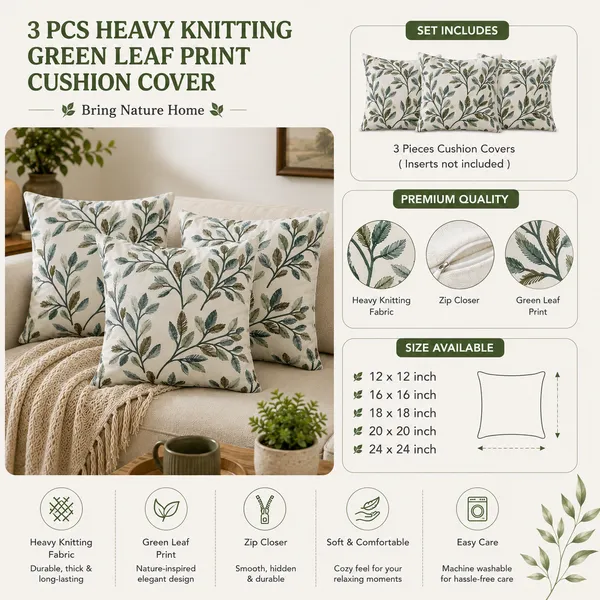 3_Pcs_Heavy_Knitting_Green_Leaf_Print_Cushion_Cover_|_Decorative_Sofa_Cushion_Covers_with_Hidden_Zip_Closure_|_Soft_&_Durable_Cushion_Cover_Set_for_Living_Room,_Bedroom_&_Office_(Cushion_Covers_Only)