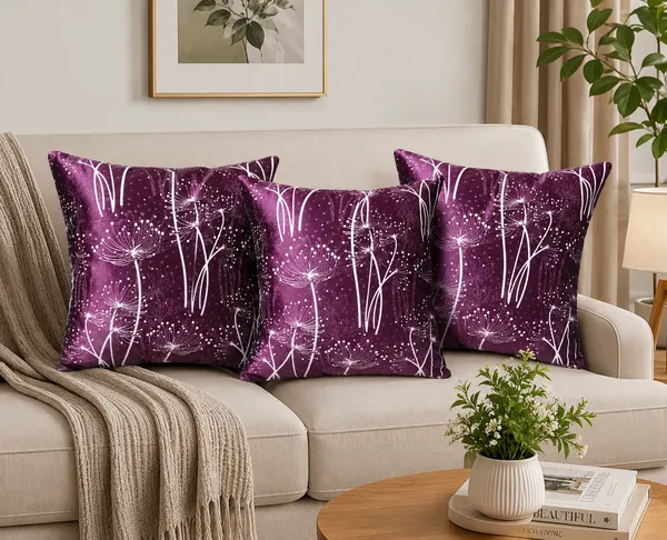 3_Pcs_Heavy_Knitting_Purple_&_White_Floral_Dandelion_Print_Cushion_Covers_|_Hidden_Zipper_|_Decorative_Throw_Pillow_Covers_for_Sofa,_Bed_&_Living_Room