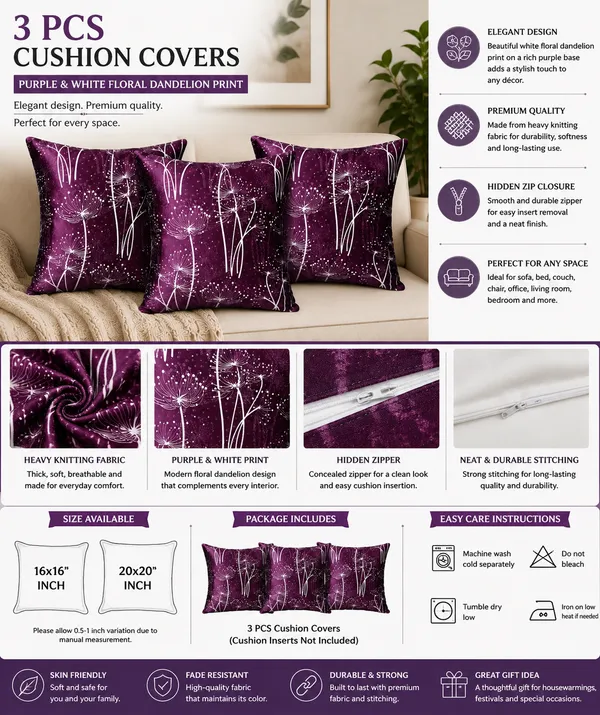 3_Pcs_Heavy_Knitting_Purple_&_White_Floral_Dandelion_Print_Cushion_Covers_|_Hidden_Zipper_|_Decorative_Throw_Pillow_Covers_for_Sofa,_Bed_&_Living_Room