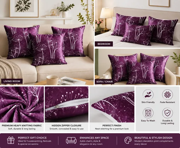 3_Pcs_Heavy_Knitting_Purple_&_White_Floral_Dandelion_Print_Cushion_Covers_|_Hidden_Zipper_|_Decorative_Throw_Pillow_Covers_for_Sofa,_Bed_&_Living_Room