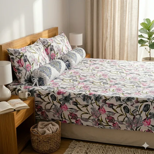 Multicolor_Floral_Print_Double_Bedsheet_with_2_Pillow_Covers_&_2_Bolster_Covers_|_Cotton_Bedsheet_Set_|_King_Size_90x100_Inch_|_Soft_&_Comfortable_Bedding_Set_for_Bedroom