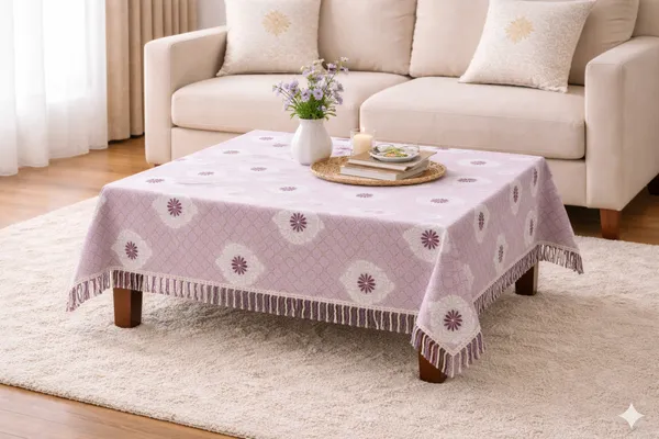 Foil_Print_Table_Cover_46x60_Inch_(1_Pc)_|_Premium_Fabric_Dining_Table_Cover_with_Border_Lace_|_Elegant_Lavender_Pink_Table_Cover_with_Gold_Foil_Print_&_Purple_Accents_for_4_&_6_Seater