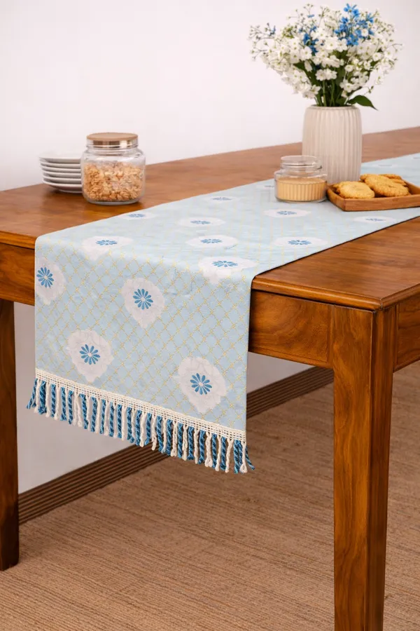 Foil_Print_Table_Runner_1_Pc_(72_x_13_Inch)_|_Premium_Fabric_with_Back_Lining_&_Lace_Tassels_|_Dining,_Center_&_Coffee_Table_Runner_for_4_&_6_Seater-Light_Blue_Base_with_White_Floral_Motifs_and_Subtle_Gold_Foil_Print,