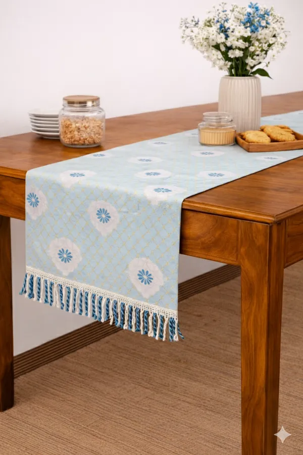 Foil_Print_Table_Runner_1_Pc_(72_x_13_Inch)_|_Premium_Fabric_with_Back_Lining_&_Lace_Tassels_|_Dining,_Center_&_Coffee_Table_Runner_for_4_&_6_Seater-Light_Blue_Base_with_White_Floral_Motifs_and_Subtle_Gold_Foil_Print,