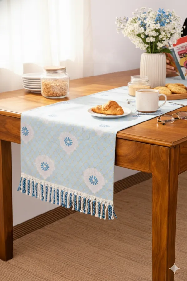 Foil_Print_Table_Runner_1_Pc_(72_x_13_Inch)_|_Premium_Fabric_with_Back_Lining_&_Lace_Tassels_|_Dining,_Center_&_Coffee_Table_Runner_for_4_&_6_Seater-Light_Blue_Base_with_White_Floral_Motifs_and_Subtle_Gold_Foil_Print,