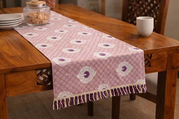 Foil_Print_Table_Runner_(72_x_13_Inch)_|_Premium_Fabric_with_Back_Lining_&_Lace_|_Dining,_Center_&_Coffee_Table_Runner_and_4_&_6_Seater,_Lavender_Pink_with_Gold_Foil_Print_and_Purple_Accents