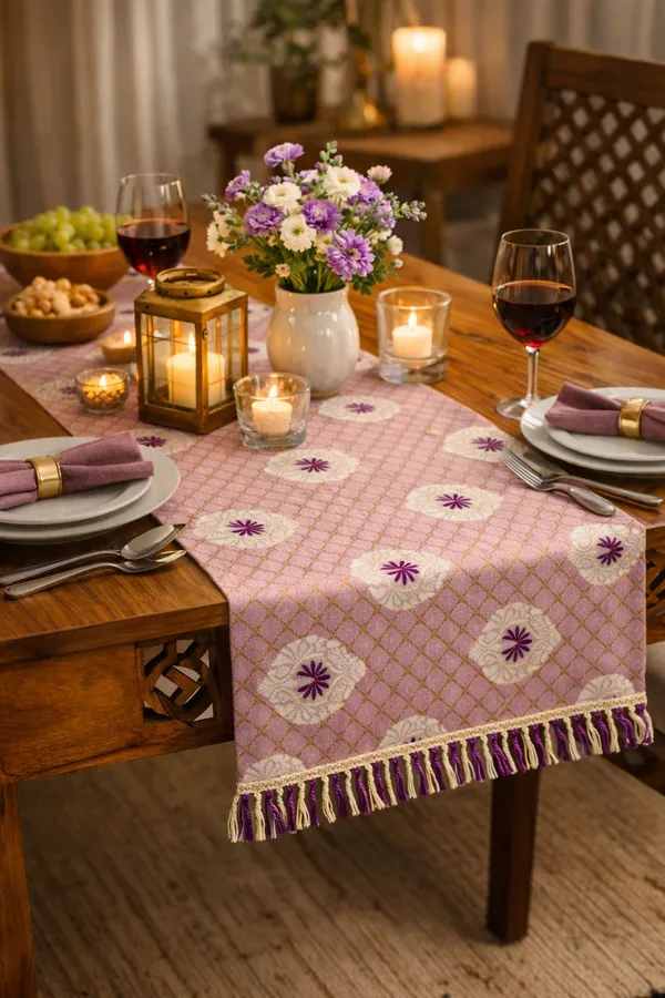 Foil_Print_Table_Runner_(72_x_13_Inch)_|_Premium_Fabric_with_Back_Lining_&_Lace_|_Dining,_Center_&_Coffee_Table_Runner_and_4_&_6_Seater,_Lavender_Pink_with_Gold_Foil_Print_and_Purple_Accents