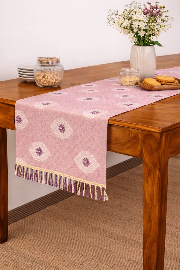 Foil_Print_Table_Runner_(72_x_13_Inch)_|_Premium_Fabric_with_Back_Lining_&_Lace_|_Dining,_Center_&_Coffee_Table_Runner_and_4_&_6_Seater,_Lavender_Pink_with_Gold_Foil_Print_and_Purple_Accents