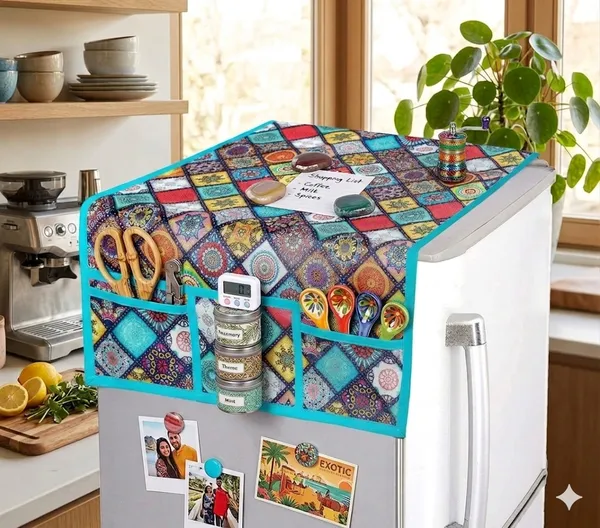 Heavy_Quality_Jute_Refrigerator_Cover_Set_with_6_Utility_Pockets_&_4_Fridge_Mats_&1_Handle_Cover_|_Multicolor_Patchwork_Design_|_Durable_Fridge_Top_Cover_for_Kitchen_Organization