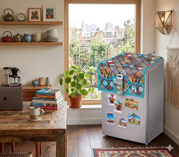 Heavy_Quality_Jute_Refrigerator_Cover_Set_with_6_Utility_Pockets_&_4_Fridge_Mats_&1_Handle_Cover_|_Multicolor_Patchwork_Design_|_Durable_Fridge_Top_Cover_for_Kitchen_Organization