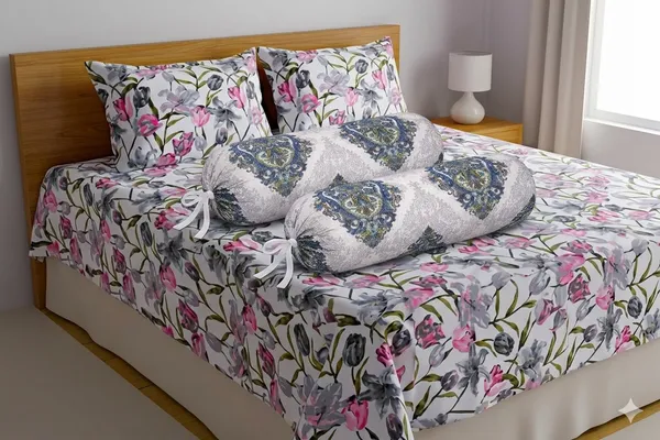 Multicolor_Floral_Print_Double_Bedsheet_with_2_Pillow_Covers_&_2_Bolster_Covers_|_Cotton_Bedsheet_Set_|_King_Size_90x100_Inch_|_Soft_&_Comfortable_Bedding_Set_for_Bedroom