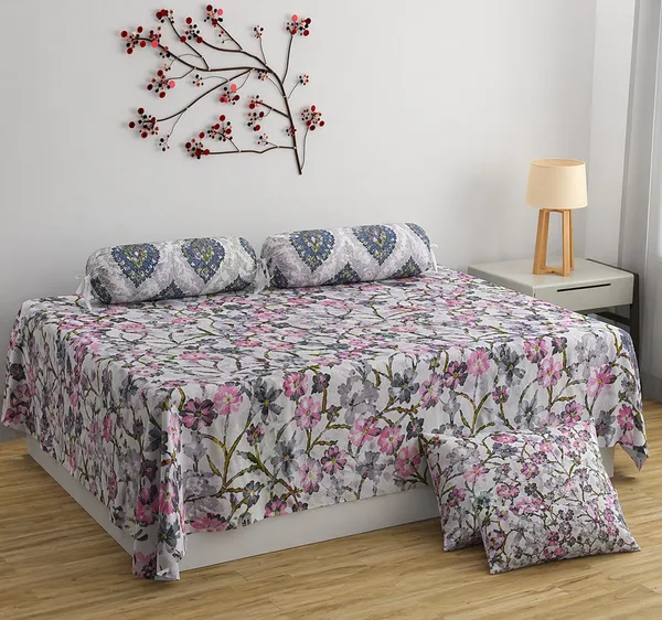 Multicolor_Floral_Print_Double_Bedsheet_with_2_Pillow_Covers_&_2_Bolster_Covers_|_Cotton_Bedsheet_Set_|_King_Size_90x100_Inch_|_Soft_&_Comfortable_Bedding_Set_for_Bedroom