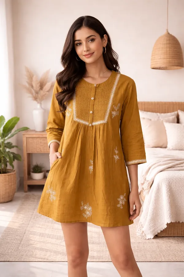 Mustard_Cotton_Short_Kurti_for_Women_|_Embroidered_Yoke_Design_|_Casual_A-Line_Tunic_Top_(1_Pc)