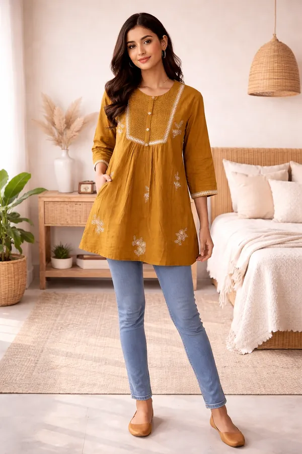 Mustard_Cotton_Short_Kurti_for_Women_|_Embroidered_Yoke_Design_|_Casual_A-Line_Tunic_Top_(1_Pc)