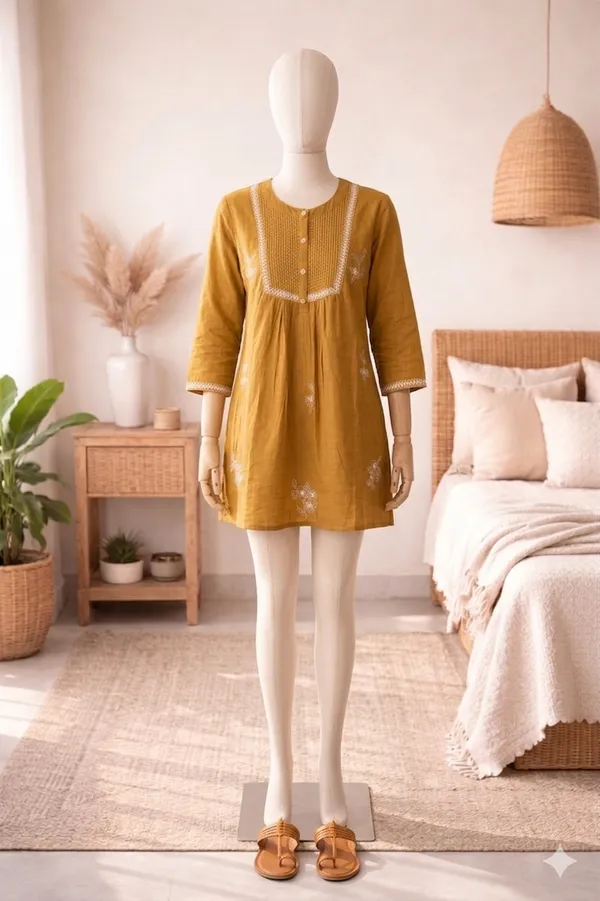Mustard_Cotton_Short_Kurti_for_Women_|_Embroidered_Yoke_Design_|_Casual_A-Line_Tunic_Top_(1_Pc)
