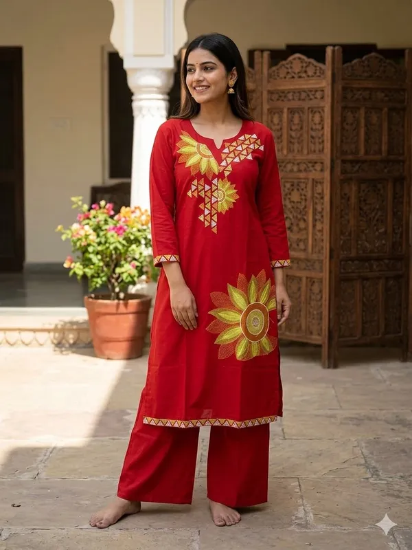 Rust_Cotton_Printed_Kurti_with_Palazzo_Pants_Set_for_Women_|_Floral_Geometric_Design_|_2-Piece_Ethnic_Wear