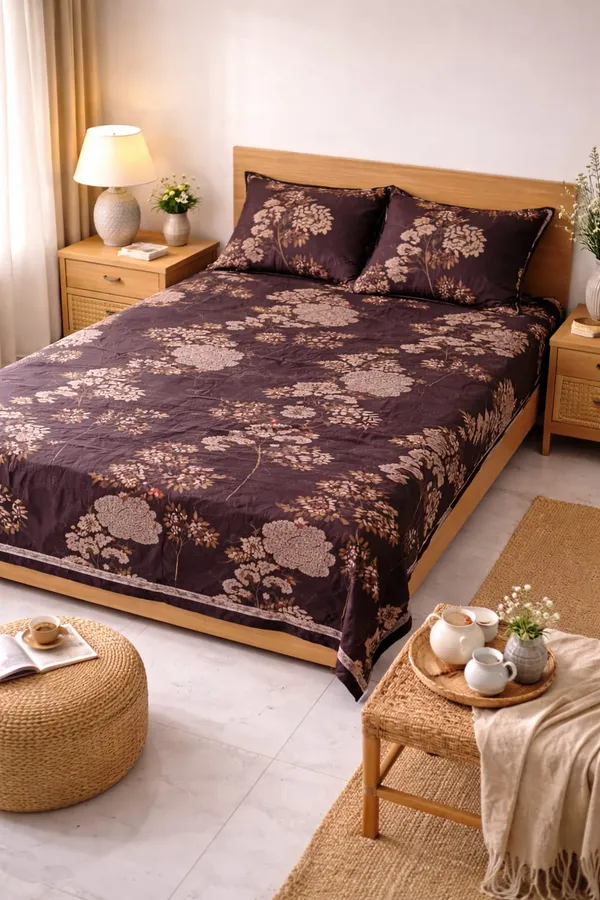Soft_Cotton_Feel_Dark_Brown_Floral_Print_1_Bedsheet_70x100_Inch_with_2_Pillow_Covers_|_Stylish_Single_Bed_&_Dewan_Bedsheet