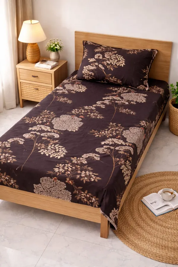 Soft_Cotton_Feel_Dark_Brown_Floral_Print_1_Bedsheet_70x100_Inch_with_2_Pillow_Covers_|_Stylish_Single_Bed_&_Dewan_Bedsheet