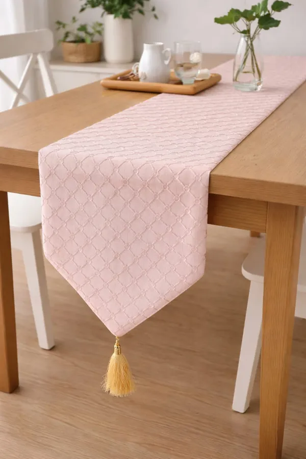 Net_Table_Runner_1_Pc_(72_x_13_Inch)_|_Premium_Mesh_Fabric_with_Back_Lining_|_Blush_Pink_Geometric_Diamond_Design_Table_Runner_for_4_&_6_Seater_Dining_Table