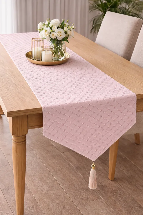 Net_Table_Runner_1_Pc_(72_x_13_Inch)_|_Premium_Mesh_Fabric_with_Back_Lining_|_Blush_Pink_Geometric_Diamond_Design_Table_Runner_for_4_&_6_Seater_Dining_Table